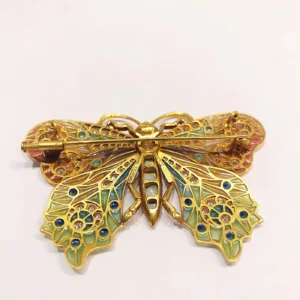 Masriera 18 Karat Yellow Gold Enamel and Diamond Butterfly Brooch