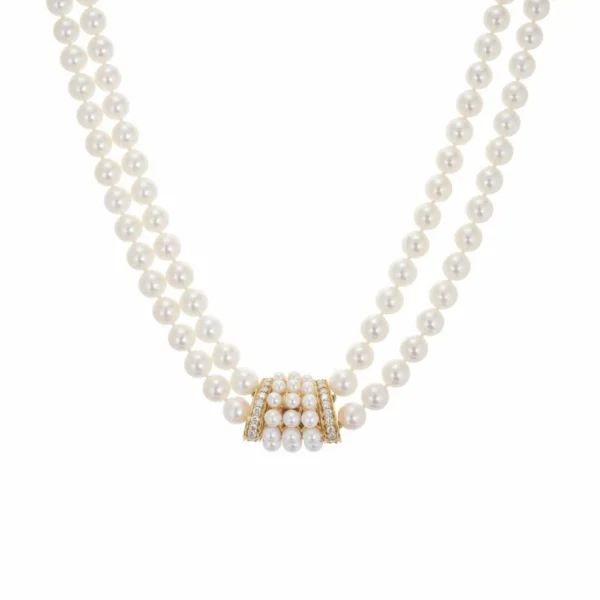 Mikimoto Double Strand Cultured Pearl Diamond Gold Necklace