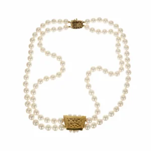 Mikimoto Double Strand Cultured Pearl Diamond Gold Necklace