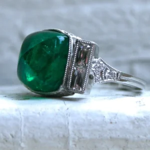 Platinum Art Deco Style Sugarloaf Emerald and Diamond Ring Engagement Ring