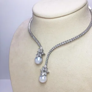 Platinum Spring Wire Necklace with Diamonds and Twin South Sea Pearl Drops