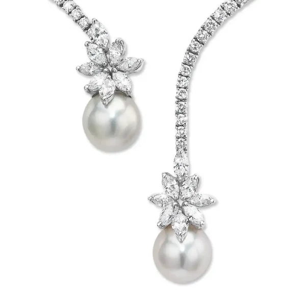 Platinum Spring Wire Necklace with Diamonds and Twin South Sea Pearl Drops