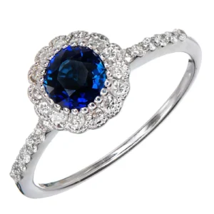 Royal Blue Sapphire Halo Diamond Gold Engagement Ring