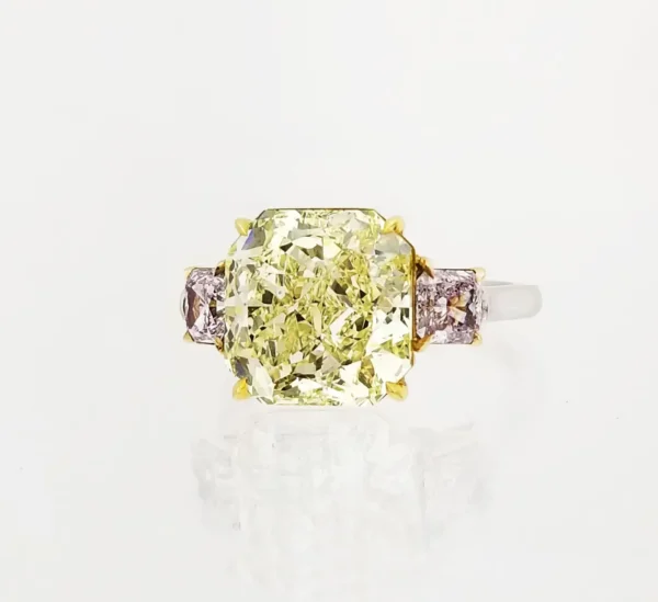 Scarselli GIA 7 Carat Yellow Radiant and Pink Cushion Diamond Ring in Platinum