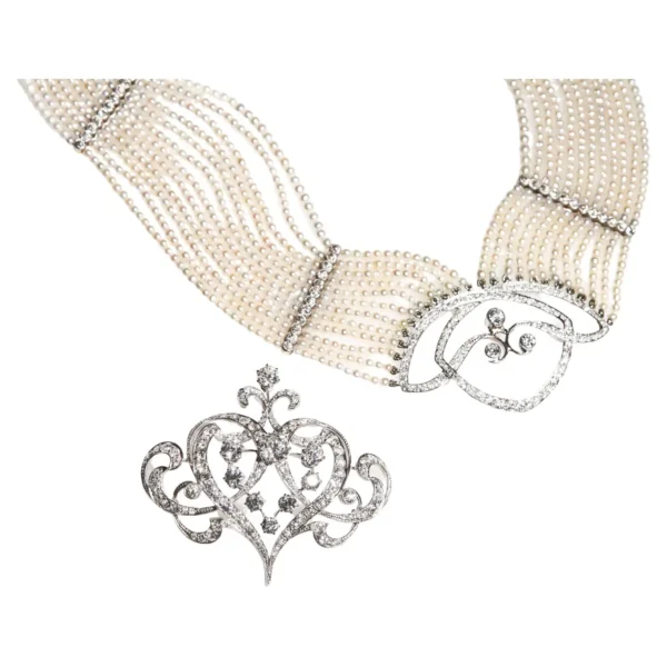 Seed Pearl Diamond Platinum Gold Choker Necklace