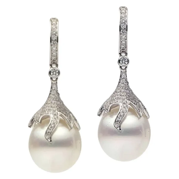South Sea Pearl Diamond Drop Earrings 0.73 Carats 12-13 MM 18K White Gold
