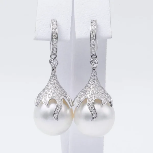 South Sea Pearl Diamond Drop Earrings 0.73 Carats 12-13 MM 18K White Gold