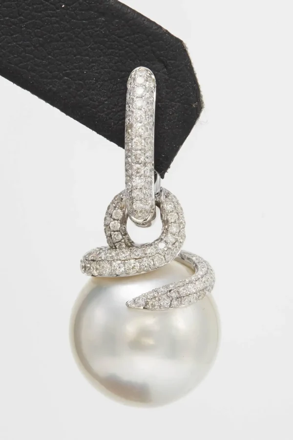 South Sea Pearl Diamond Drop Earrings 1.55 Carats 18K White Gold