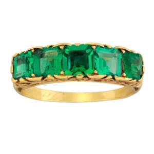 Victorian Emerald Five Stone Carved Gold Half Hoop Ring