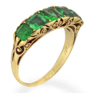 Victorian Emerald Five Stone Carved Gold Half Hoop Ring