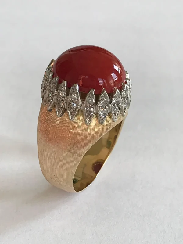 Vintage Italian Red Coral Diamond Yellow Gold Ring