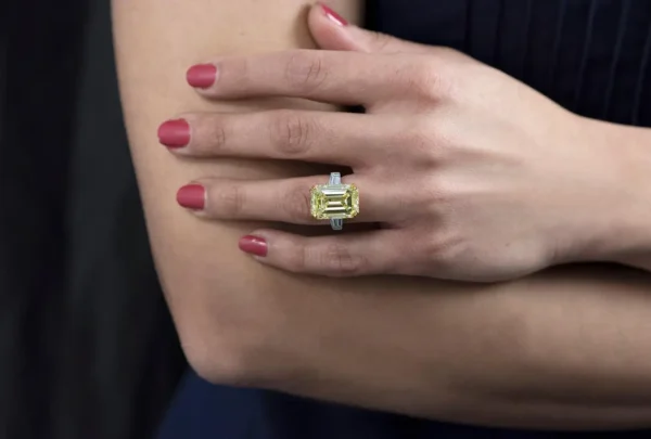 Yellow Emerald Cut Diamond Three-Stone Engagement Ring GIA Certified 14.54 Carat